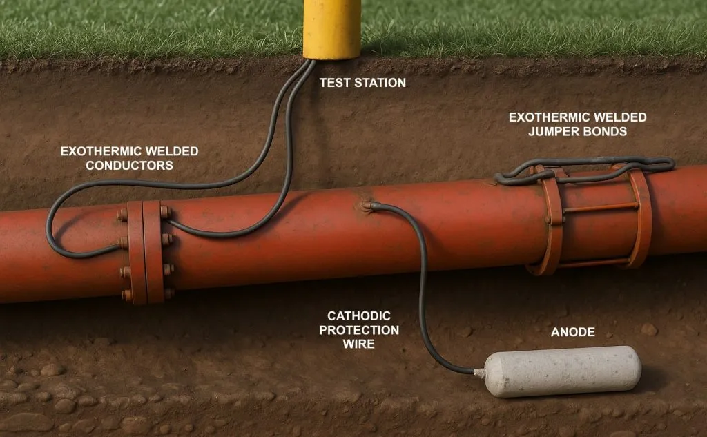 Cathodic protection schematic &mdash; buried pipeline with anode, test station, exothermic welds, and CP wire injecting low-frequency current into the soil.